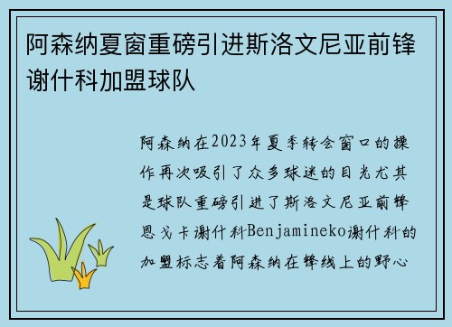 阿森纳夏窗重磅引进斯洛文尼亚前锋谢什科加盟球队